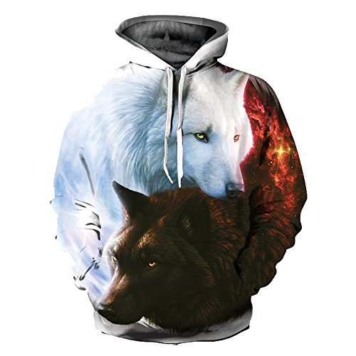 OYABEAUTYE Unisex Realistic 3D Print Galaxy Pullover Hoodie Hooded Sweatshirt (Small/Medium, Wolf T)