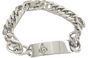 MASON ZONE Engravable ID Freemason Bracelet/Stainless Steel Chain Links - Etched Design in Center Masonic Bracelets Jewelry (We do not engrave)