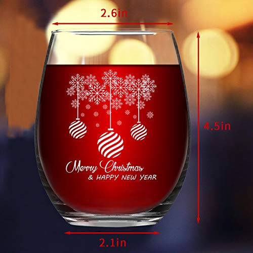 Merry Christmas Stemless Wine Glass Gift for Women Friends, 15 Oz Funny Stemless Wine Glasses Set, Perfect Christmas Gift Idea for Mom Wife Girlfriend Sister Wedding Birthday Party, Set of 4