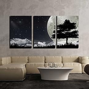 3 Piece Canvas Wall Art - Silhouette of a Tree Against The Big Moon and The Star Night Sky. - Modern Home Art Stretched and Framed Ready to Hang - 16"x24"x3 Panels