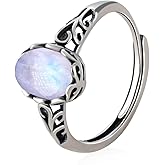 ixluck Natural Moonstone Crystal Ring for Women, Vintage Boho Real Rainbow Moonstone Jewelry Gift