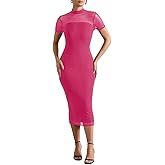 YouSexy Women's Short Sleeve Bodycon Dress Elegant Mesh Mock Neck Slit Party Midi Dresses