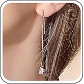 Aneneiceera Vintage Crystal Threader Earrings Silver Chain Drop Earrings Rhinestone Threader Chain Earrings Long Cz Pull Through Earrings Jewelry for Women