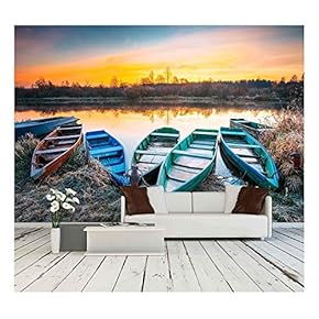 Lake, River and Rowing Fishing Boat at Beautiful Sunrise in Autumn Morning. - Removable Wall Mural | Self-Adhesive Large Wallpaper - 66x96 inches