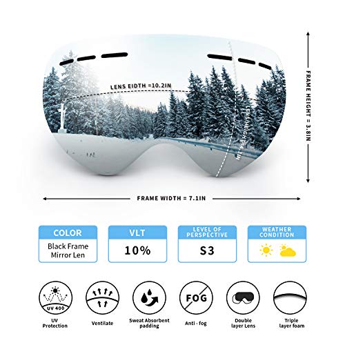 OBOSOE Ski Snowboard Snow Goggles, Interchangeable Lens 100% UV400 Protection Snow Goggles Adult Men,Women,Youth,Boys-Anti-Fog Wide Spherical Safety Goggles