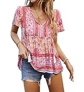 KAYWIDE Women's Casual Boho V Neck Top Loose Floral Printed Long Sleeve Beach Shirts Blouses