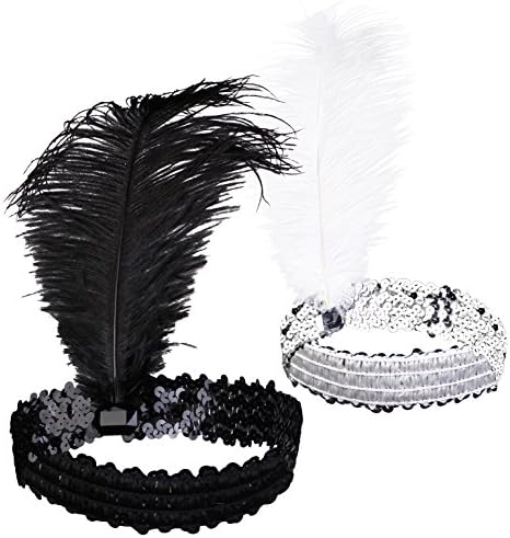 Zivyes 20s Gatsby Flapper Headband Feather Accessories Sequin Headband Art Deco Party Accessory (Black and White)