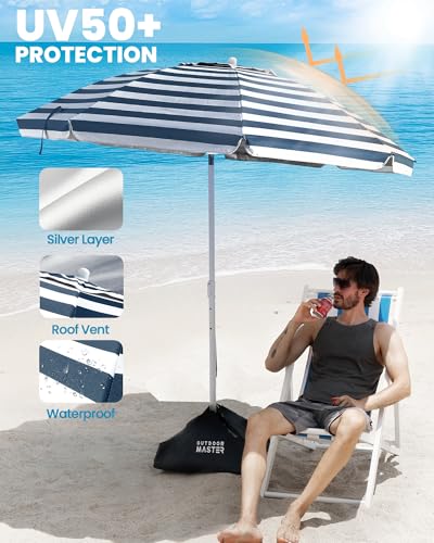 OutdoorMaster Beach Umbrellas for Sand with Sandbag & Anchor, 7.2ft Adjustable Umbrella for Beach Heavy Duty Wind, Portable UPF50+ Sunshade with Carry Bag for Patio