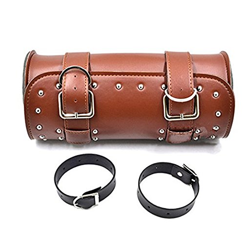 DLLL Universal Brown Motorcycle Round Barrel PU Leather Tool Side Front Bag Panniers Saddle Bag for Harley Cruiser Honda Suzuki Yamaha Kawasaki ATV Scooter Choppers