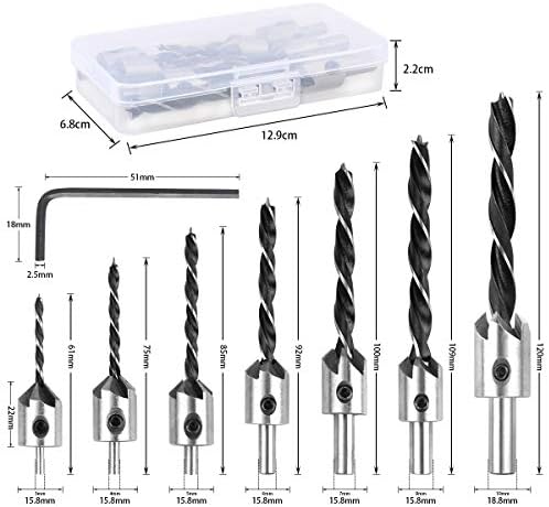7Pcs Countersink Drill Bit(3-10mm),High-Speed Steel Drill Adjustable Carpentry Reamer Drill Bit Set with One Hex Key Suitable for Wood DIY Drilling Holes