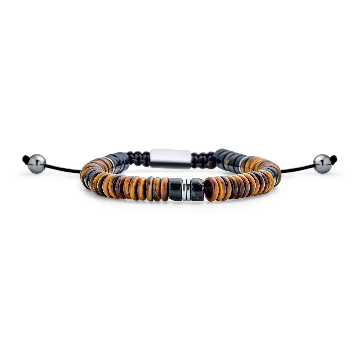 Bling Jewelry Boho Natural Gemstone Black Onyx Tan Brown Tiger Eye Stones Chakra Stacking Bolo Bracelet Gold Plated Stainless Steel Spacers Rondel Tube Beads Adjustable Slider Cord 7-9”