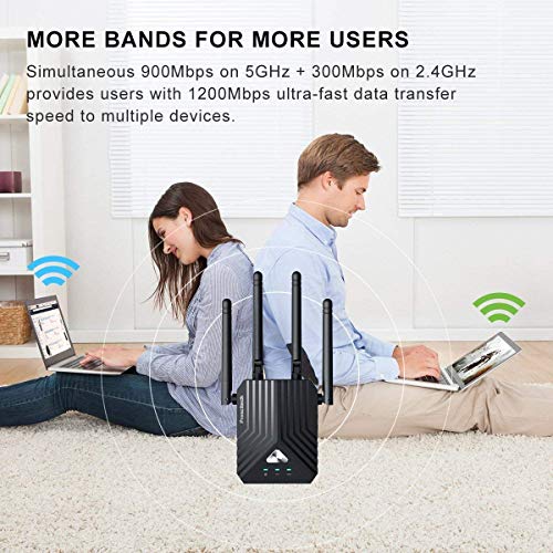 Prescitech WiFi Range Extender X12, Covers Up to 1500 Sq Ft and 25 Devices with AC1200 Dual Band Wireless Signal Booster, Internet Repeater, Extends Wi-Fi to Home & Garden