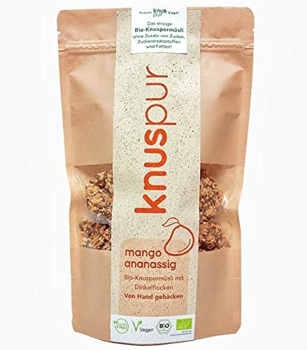 knuspur Mango-pineappley Crunchy muesli - Low-Sugar - bio Vegan -75% Sugar – Handmade - 300g - Exotic Fresh Enjoyment