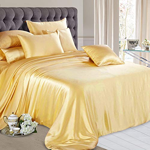 Reliable Bedding 100% Pure Silk Satin Sheet Set 7pcs, Silk Fitted Sheet 15'' Deep Pocket,Silk Flat Sheet,Silk Duvet Cover & Pillowcases Set !!! Short Queen, Gold