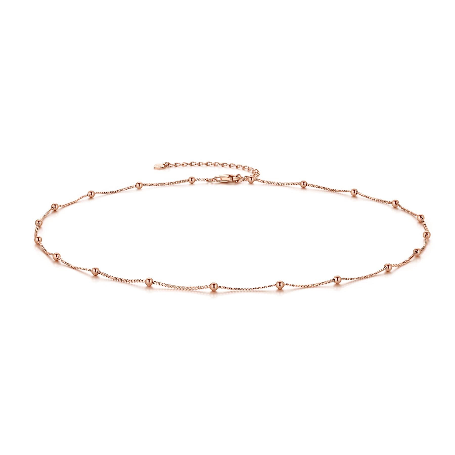 CERSLIMO Sterling Silver Necklace Rose Gold Plated Ball Bead Choker Necklace 16'' Chain for Women Girls Ladies Girlfriend Friend Men Birthday Jewellry Gift — image 1