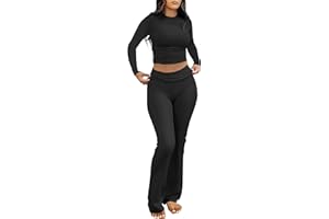 ANRABESS Women 2 Piece Outfits Fall Lounge Sets Long Sleeve Cropped Top Fold Over Flare Pants Comfy Pajamas Set Y2K Clothes