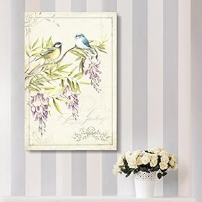 Canvas Wall Art - Vintage Style Birds on Branch Pruple Flowers - Giclee Print Gallery Wrap Modern Home Art Ready to Hang - 12x18 inches