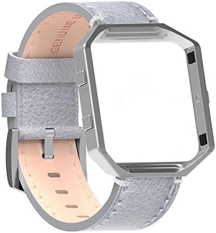 For Fitbit Blaze Bands Leather with Frame Small Large,Austrake Fitbit Blaze Band with Stainless Steel Buckle for Women Men (Silver Band + Silver Buckle + Silver Metal Frame, Large(6.7"-8.3"))