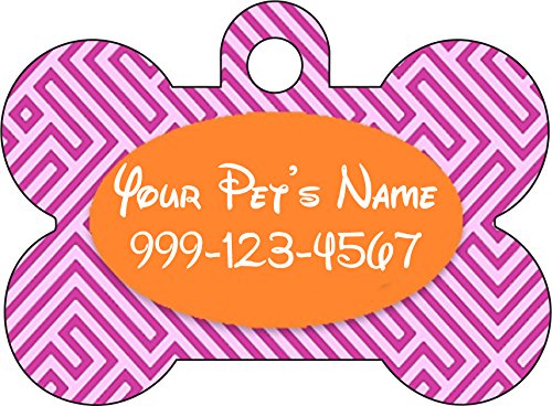 Dog Tag Pet ID Tag Personalized w/ Name & Number Dog Bone Greek Key (Orange & Pink)