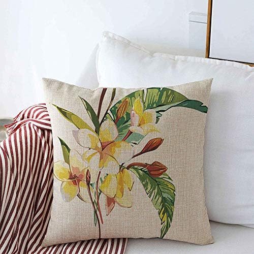 Decorative Throw Pillows Square Covers Yellow Botanical Tropical Flowers Plumeria Whis Leaf Nature Green Watercolour Beach Bloom Botany Pillows Cushion Cases Sofa Couch Decor 16x16 Inch