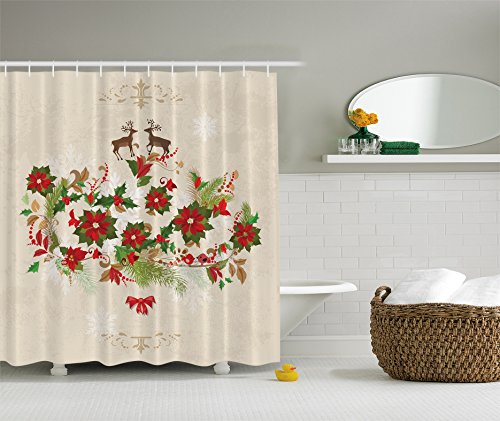 Deer Shower Curtain Decor Flowers Poinsettia Deers Christmas Decor by Ambesonne, Water, Soap, and Mildew Resistant - Machine Washable - Hooks Are Included, Cream Red Green Brown