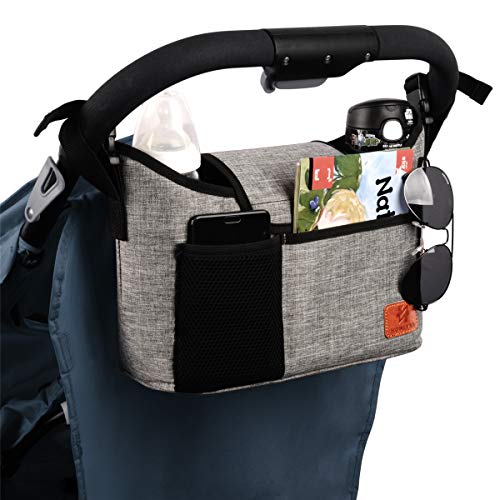 Baby Stroller Organizer Bag with 2 XL Cup Holders and Large Storage Diaper Bag for Universal Stroller Accessories (Grey)