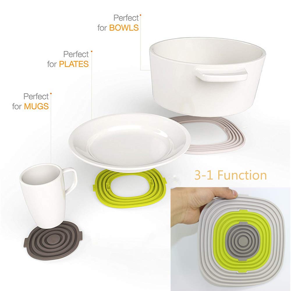 HeTeLe Multicolor Silicone Drink Coasters Set of 3 High Temperature Resistance Non Slip Silicone Hot Pads Mats Prevents Furniture and Tabletop Damages, Absorbs Spills and Condensation