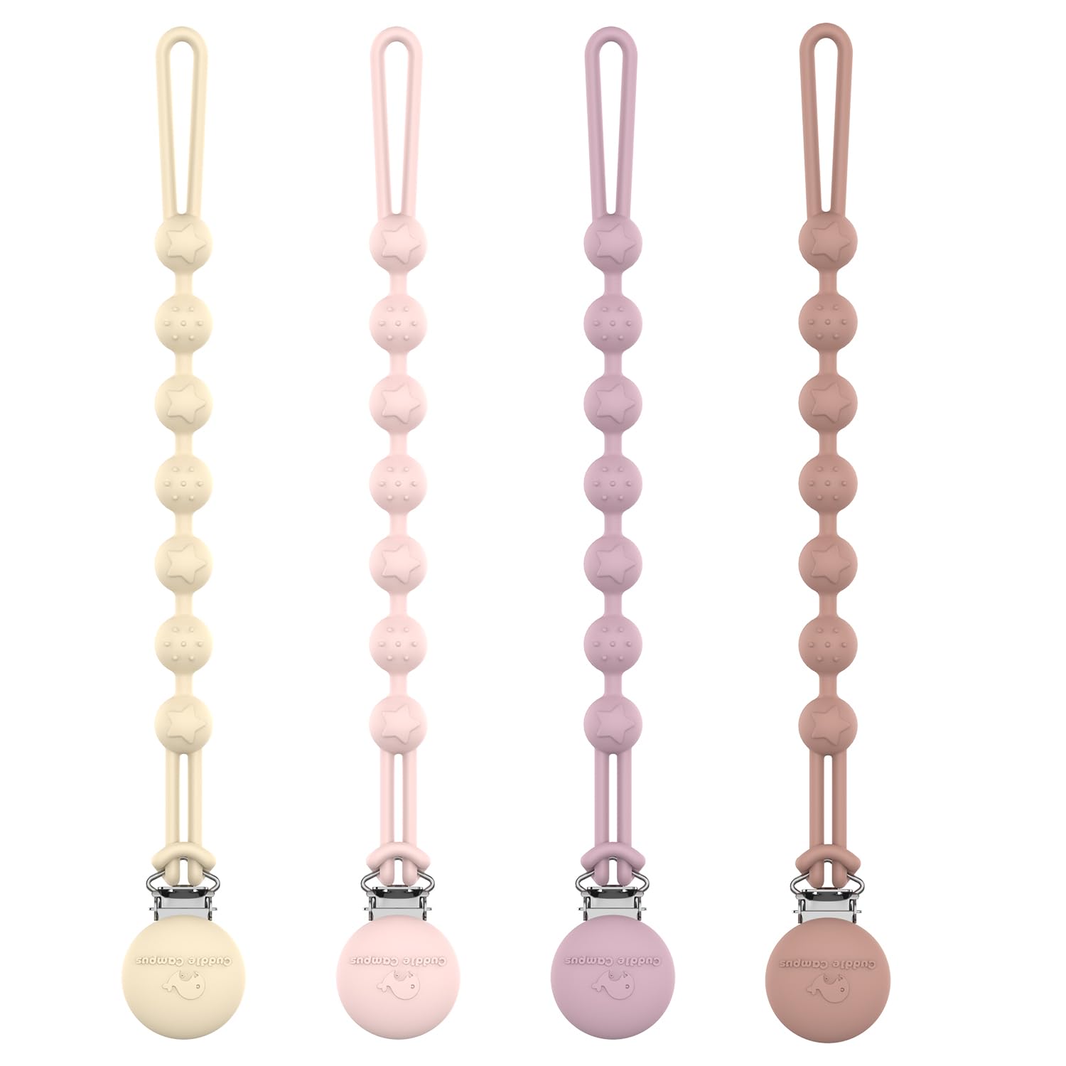 Photo 1 of Cuddle Campus Silicone Pacifier Clip Holder with One Piece Design, Pack of 4 Soft Flexible Binky Clips with Texture for Baby Boy and Girl Set 5(6M+)