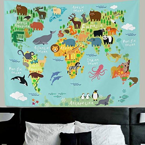 HWMR Children Kids Wall Decor Cute Wild Animals World Map of The World Tapestry Wall Hanging Cartoon Mountains Forests Light-Weight Polyester Wall Collage Dorm Beach Throw Tapestries 60x90 Inch