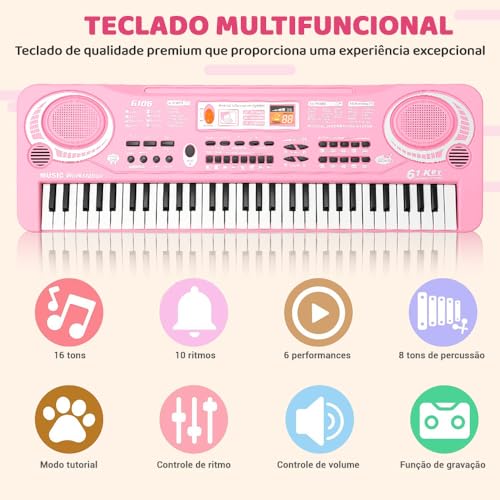 Teclado Musical, 61 Key Piano, Teclado Musical Iniciante, Teclado Piano, Teclado Musica, Possui 16 tons, 10 ritmos, 6 performances, 8 tons de percussão,