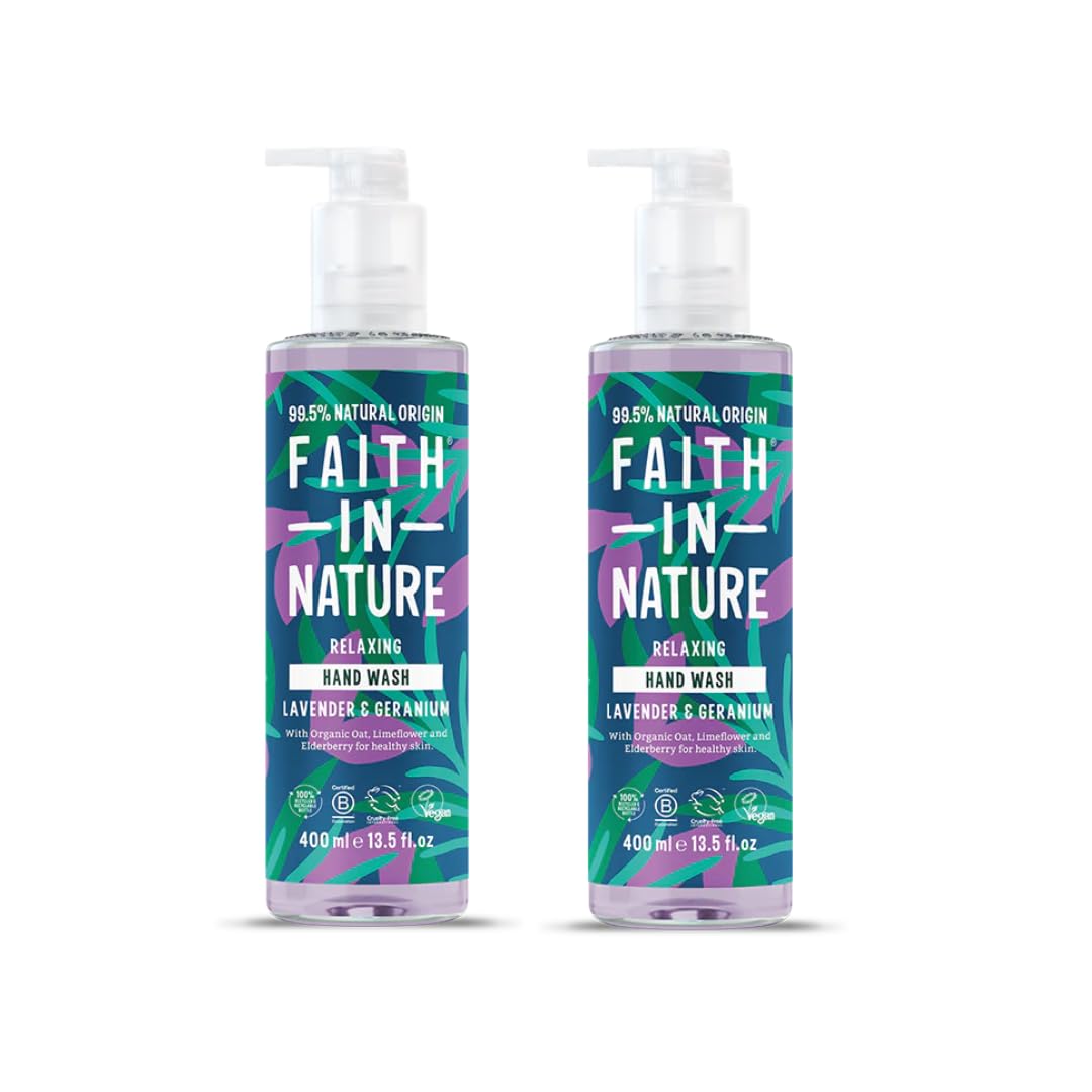 Faith In Nature Natural Lavender and Geranium Hand Wash Set, Nourishing, Vegan and Cruelty Free, No SLS or Parabens, 2 x 400 ml