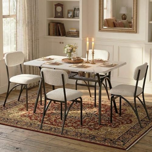 5-Piece Dining Table Set for 4, Modern Kitchen Table with 4 Boucle Chairs, Rect…