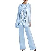 Women's 3 Pieces Lace Pants Suits Mother of Bride Dressy Elegant Sets Wedding Formal Outfits