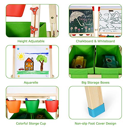 CIRO kids wooden art easels 3-in-1 chalkboard/whiteboard/paper roll (1 apron, 2 gloves, a full set of art supplies accessories)