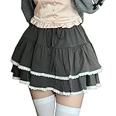 RILGOU Harajuku Lolita Kawaii Gothic Casual Style Elastic Waisted Soft Vintage Ribbon Lace Trim Layered Short Skirt