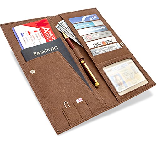 Travel Wallet - Passport Holder - Long Leather Wallet and Travel Document Organizer - Wallet for Men and Women - Money Tickets and Card Organizer - RFID Travel Document Holder - in a Gift Box - Brown