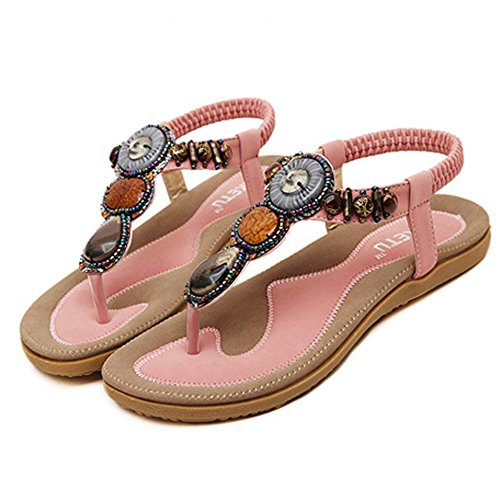 Kauneus Women Fashion Sandals Sweet Beaded Clip Toe Flats Bohemian Herringbone Sandals 2019 Pink