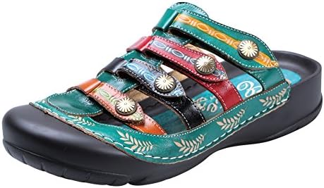 Women's Strappy Clog Sandals - Hand Painted Leather Uppers - Turquoise - Size 11