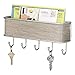 mDesign Wall Mount Metal Mail Organizer Storage Basket - 5 Hooks - for Entryway, Mudroom, Hallway, Kitchen, Office - Holds Letters, Magazines, Coats, Keys - Satin/Gray Wood Finish