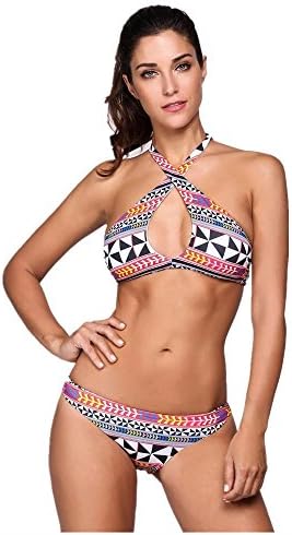 AiSiC Women Geometric Print Cross Halter Split Bikini Set Swimwear