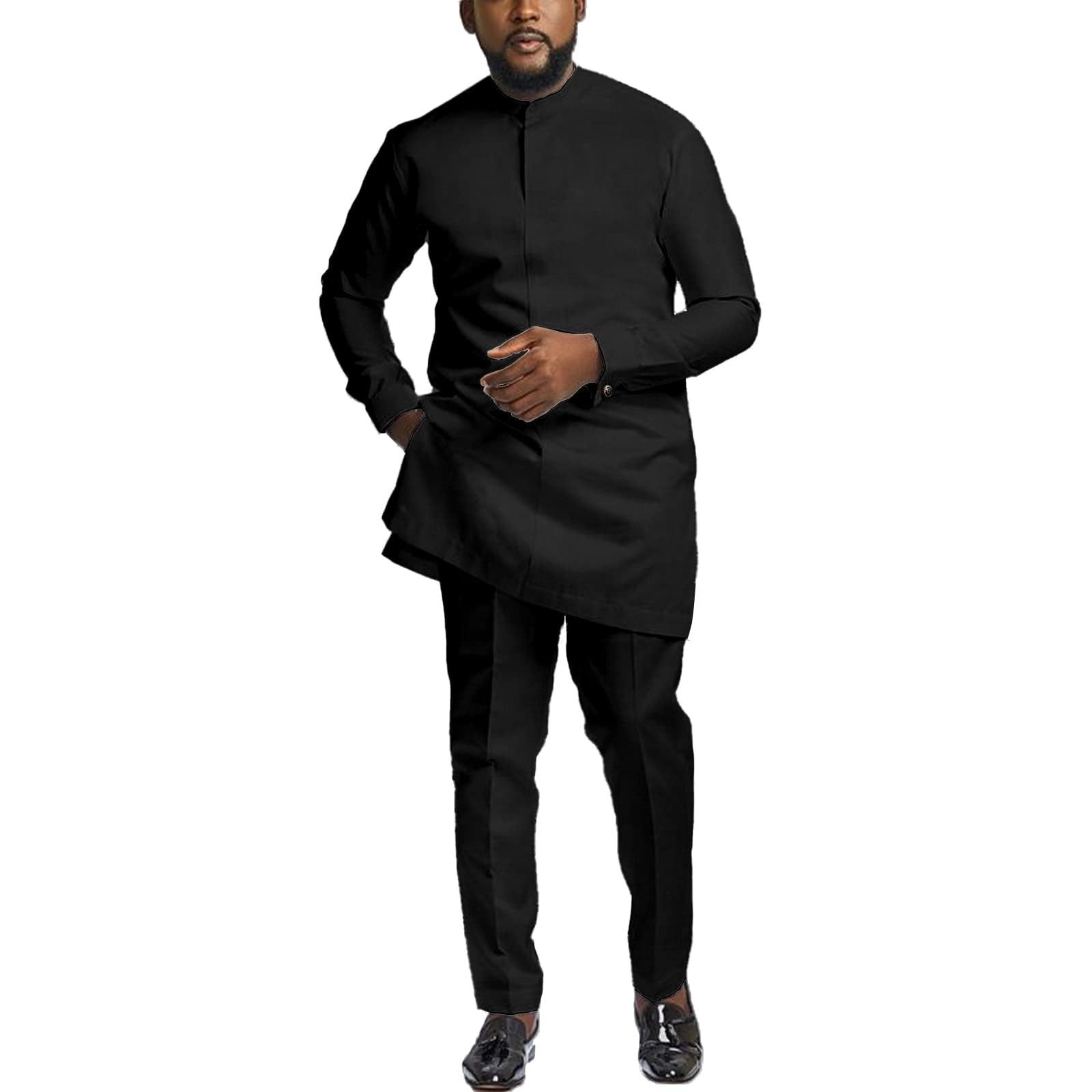 Photo 1 of African Suits for Men Slim Fit Dashiki Long Sleeve Shirt and Pant 2 Piece Attire Traditional Outfits Black Medium