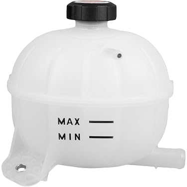 opaque white plastic overflow tank with MIN MAX markings and mounting brackets car engine