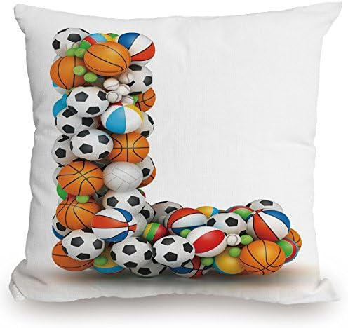 Throw Pillow Cushion Cover,Letter L,Basketball Football Volleyball Tennis Athleticism Teamplay Motivation Theme Print Decorative,Multicolor,Decorative Square Accent Pillow Case