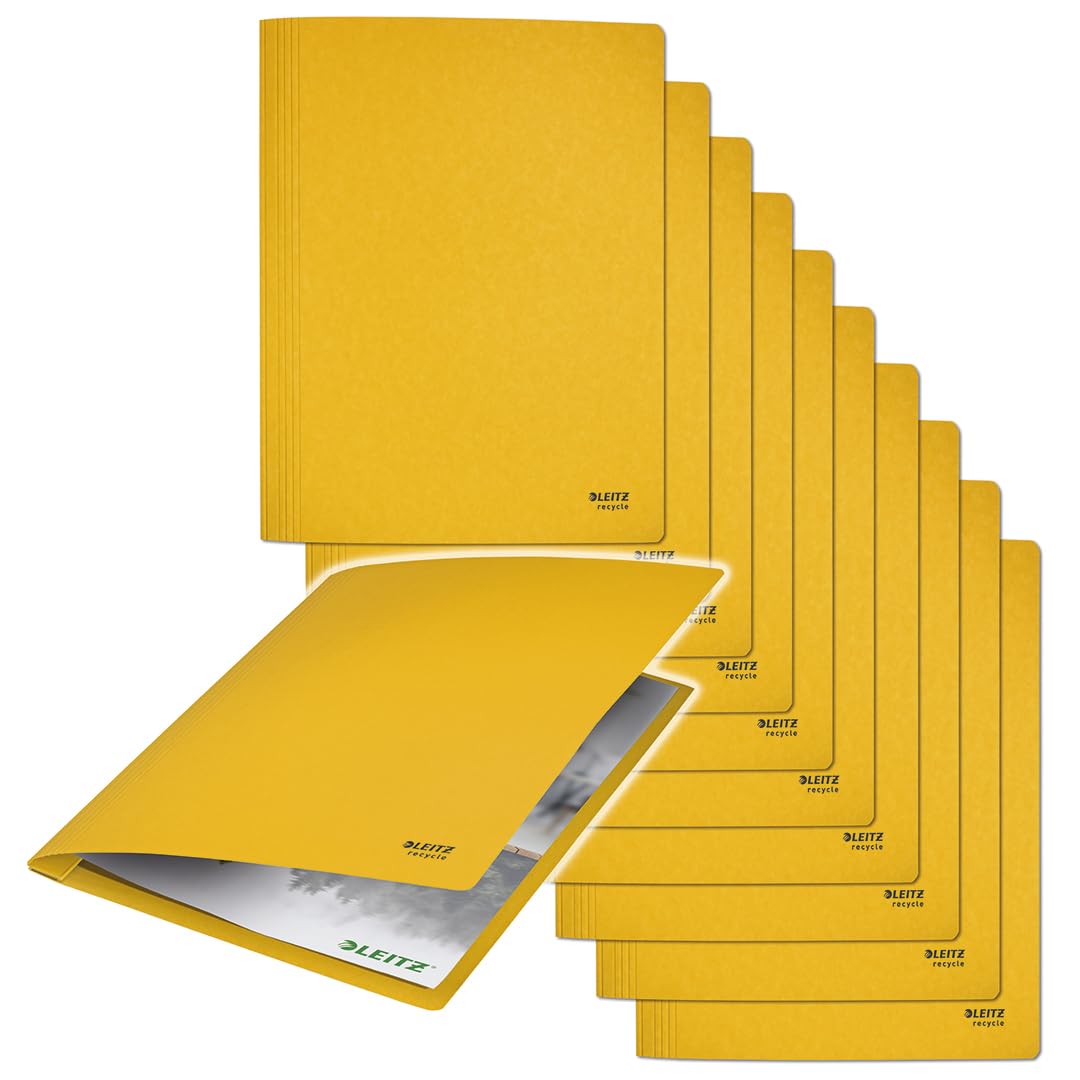 Leitz Recycle 39040015 A4 File Folder, Pack of 10, for 250 Sheets, Sturdy Metal Hangers for Storing Documents, 100% Recycled Cardboard, Environmentally Friendly, Recycle Series, Yellow