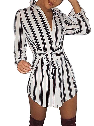 Ninimour womens self-belt stripe print casual shirt blo…