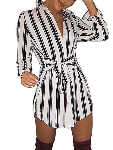 Ninimour Womens Self-Belt Stripe Print Casual Shirt Blouse Dress L Beige