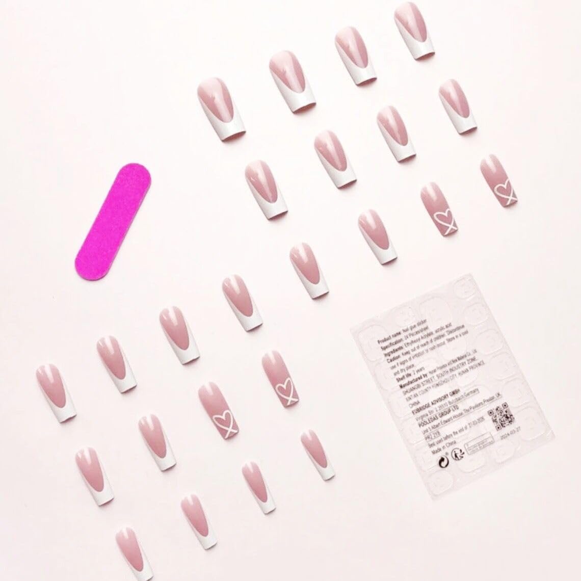 White French Tip Press on Nails Coffin Fake Nails Medium False Nails with Heart Design Glue on Nails Glossy Full Cover Stick on Nails Cute Acrylic Nails Press ons for Women Manicure Kit 24Pcs - Image 3