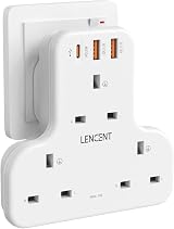 LENCENT 6-in-1 UK Plug Extender with 3 USB Ports 20W PD QC 3A 13A 3250W