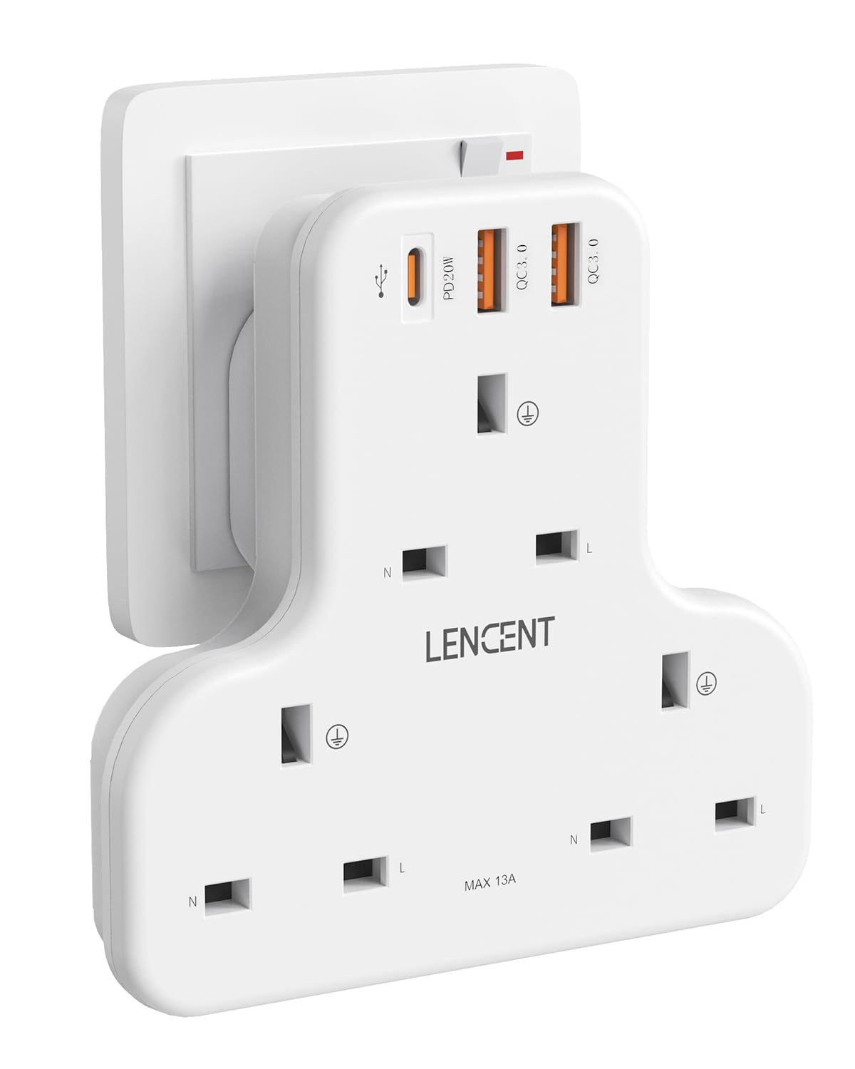 LENCENT 3 Way Plug Adaptor with 3 USB Slots PD&QC 20W, Multi Plug Extension 3 Plugs USB Socket, 6-in-1 Extender Power Adapter UK, Wall Expander for Home, Office, Kitchen, 13A 3250W