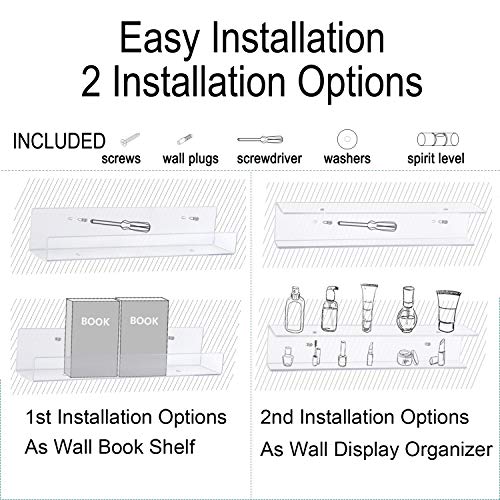 WINKINE Acrylic Wall Mounted Floating Ledge Bookshelf Set of 2 | 36 inch Crystal Clear Acrylic Bathroom Shelves | Storage Rack | Makeup Organizer | Spice Rack Wall Display Bookshelf for Kids - Thumbnail 2